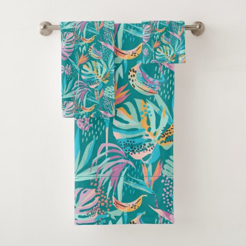 Colorful tropical flowers and leaves pattern bath towel set