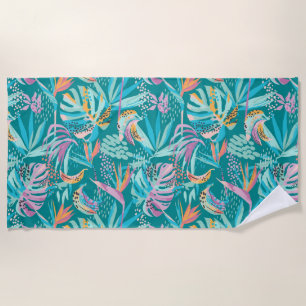 Colorful tropical flowers and leaves pattern beach towel