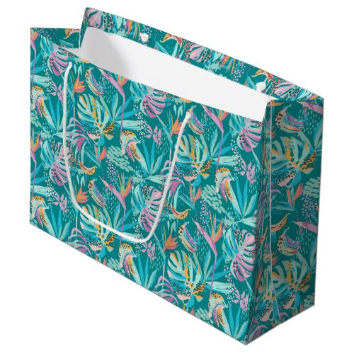 Colorful tropical flowers and leaves pattern large gift bag