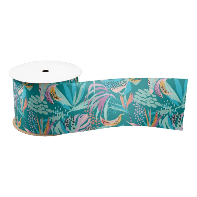 Colorful tropical flowers and leaves pattern satin ribbon (Spool)