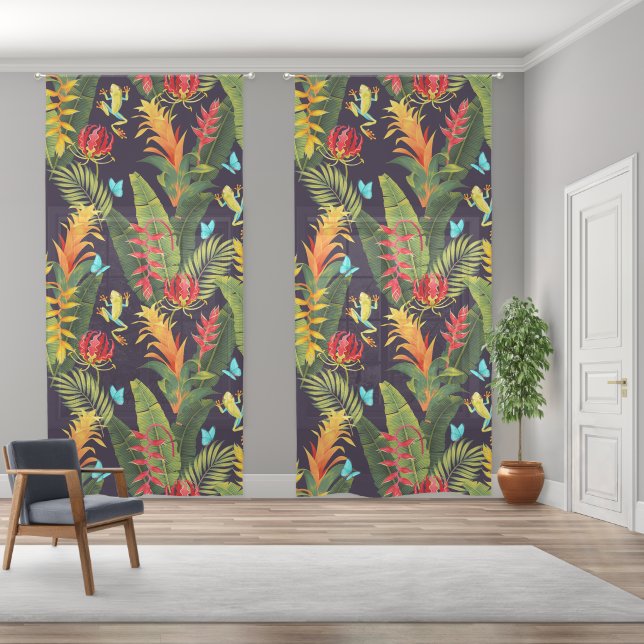 Colorful tropical flowers and leaves pattern sheer curtains (Wide)