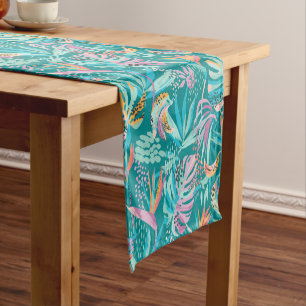 Colorful tropical flowers and leaves pattern short table runner