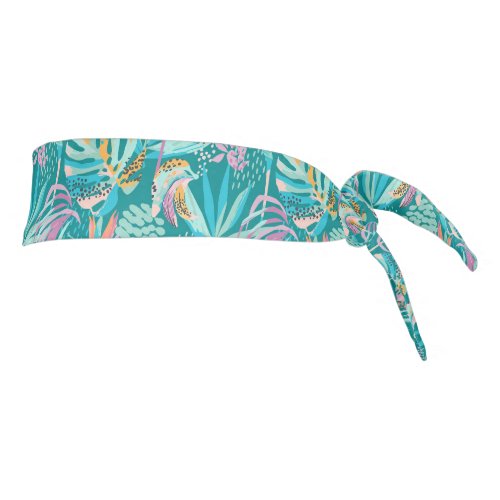 Colorful tropical flowers and leaves pattern tie headband