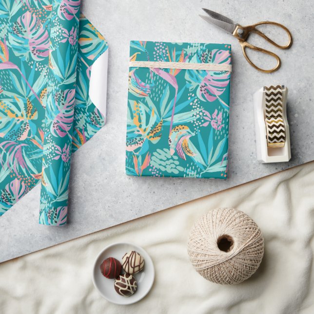 Colorful tropical flowers and leaves pattern wrapping paper (Crafts)