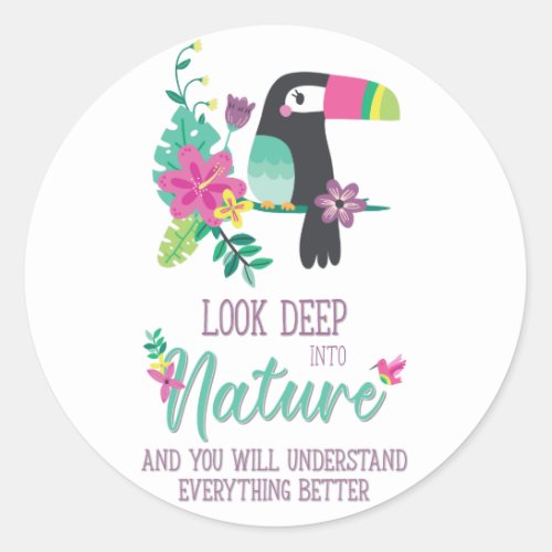 colorful tropical flowers and toucan inspirational classic round sticker