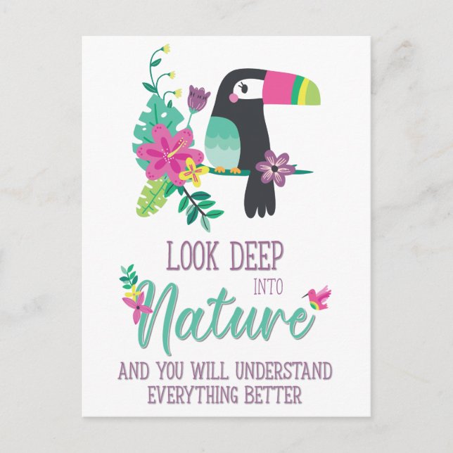 colorful tropical flowers and toucan inspirational postcard (Front)