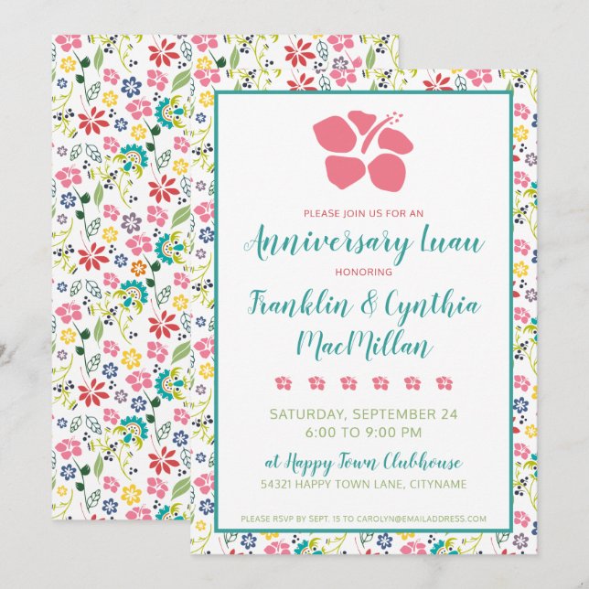 Colorful Tropical Flowers Anniversary Luau Invitation (Front/Back)