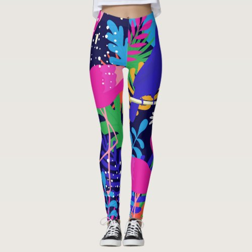 Colorful tropical flowers  birds collage 2 leggings