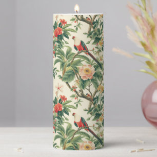 Colorful Tropical Flowers Birds Pillar Candle