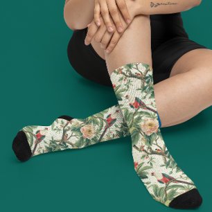 Colorful Tropical Flowers Birds Socks