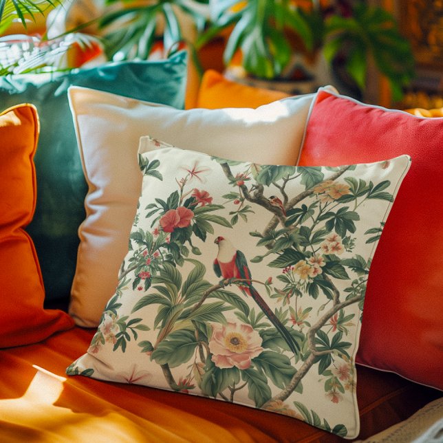Colorful Tropical Flowers Birds Throw Pillow (Creator Uploaded)