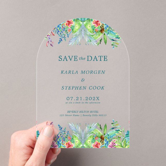 Colorful Tropical Flowers Border Acrylic Invitations (Insitu (Handheld))