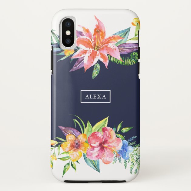 Colorful Tropical Flowers Border Blue Background Case Mate Iphone Case Zazzle Com
