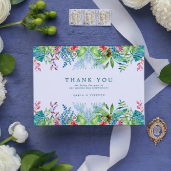 Colorful Tropical Flowers Border Thank You Card by artOnWear at Zazzle