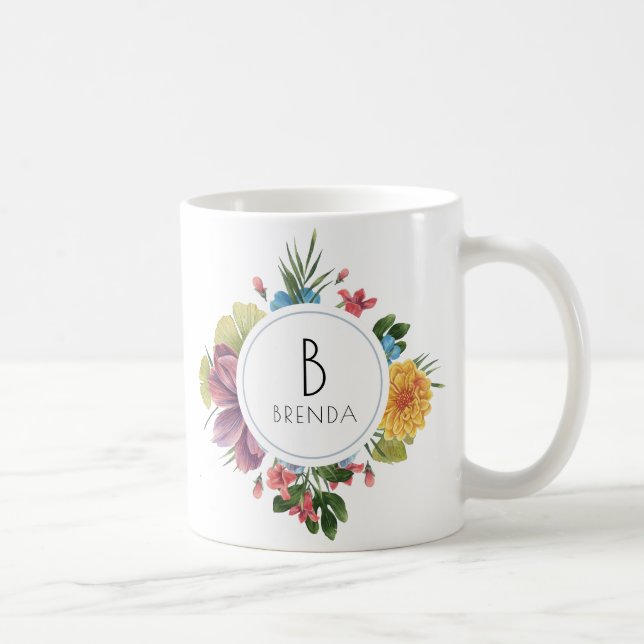 Colorful Tropical Flowers Bouquet Monogram Coffee Mug (Right)
