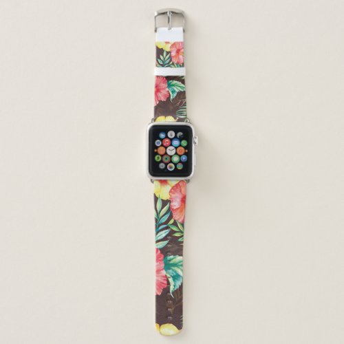Colorful Tropical Flowers Dark Background Apple Watch Band