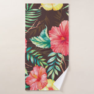 Colorful Tropical Flowers Dark Background Bath Towel