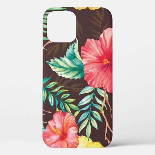 Colorful Tropical Flowers Dark Background iPhone 12 Case