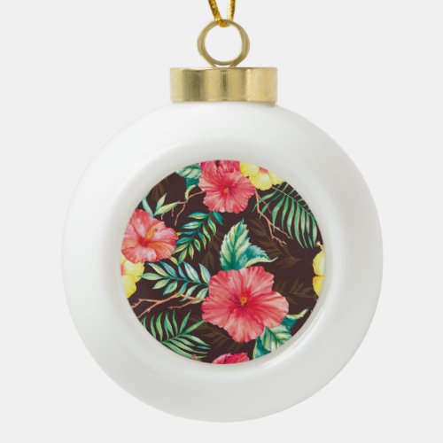 Colorful Tropical Flowers Dark Background Ceramic Ball Christmas Ornament