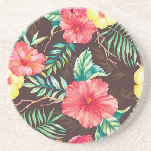 Colorful Tropical Flowers Dark Background Coaster