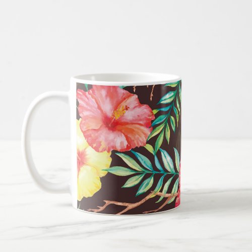 Colorful Tropical Flowers Dark Background Coffee Mug