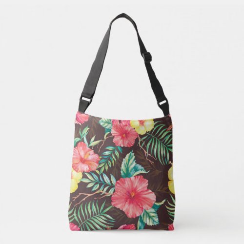Colorful Tropical Flowers Dark Background Crossbody Bag