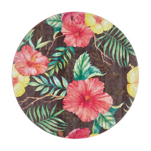 Colorful Tropical Flowers Dark Background Cutting Board