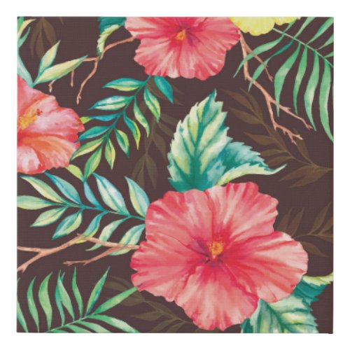 Colorful Tropical Flowers Dark Background Faux Canvas Print