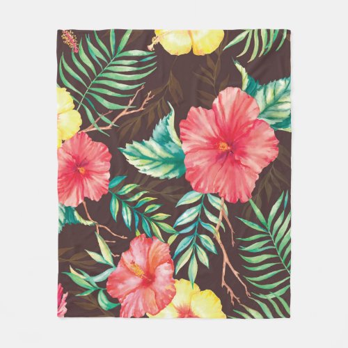 Colorful Tropical Flowers Dark Background Fleece Blanket
