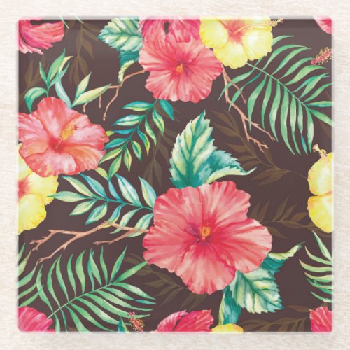 Colorful Tropical Flowers Dark Background Glass Coaster