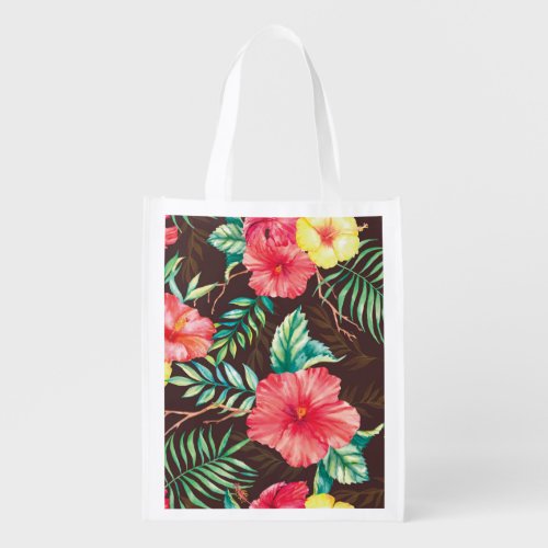 Colorful Tropical Flowers Dark Background Grocery Bag