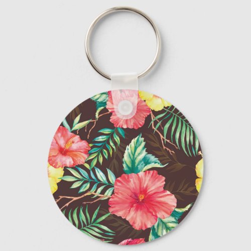 Colorful Tropical Flowers Dark Background Keychain