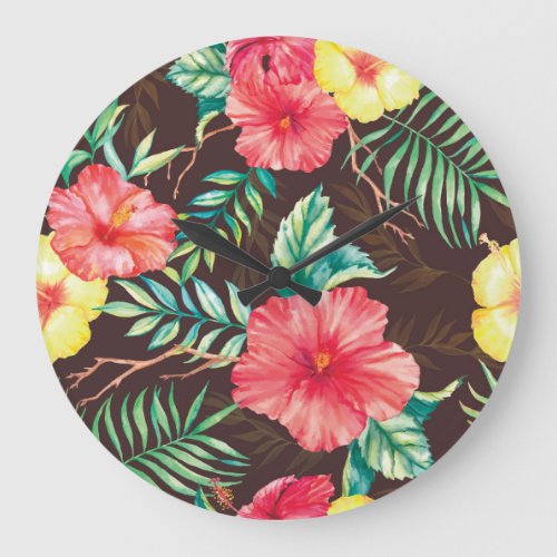Colorful Tropical Flowers Dark Background Large Clock