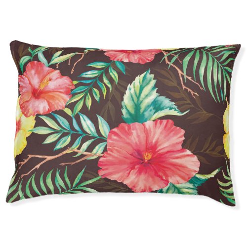 Colorful Tropical Flowers Dark Background Pet Bed