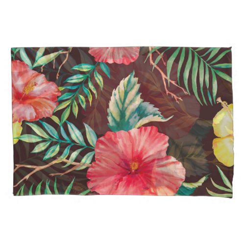 Colorful Tropical Flowers Dark Background Pillow Case