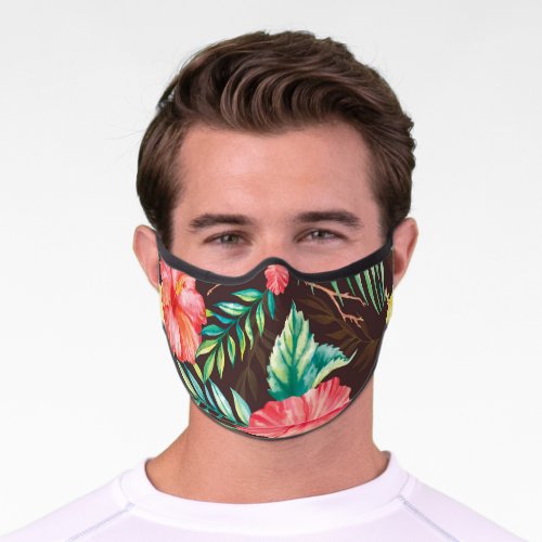Colorful Tropical Flowers Dark Background Premium Face Mask