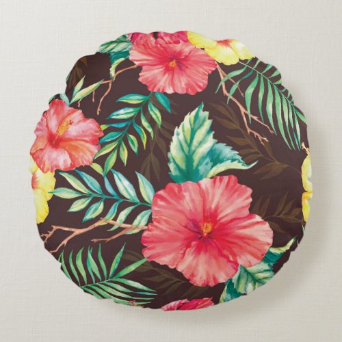 Colorful Tropical Flowers Dark Background Round Pillow