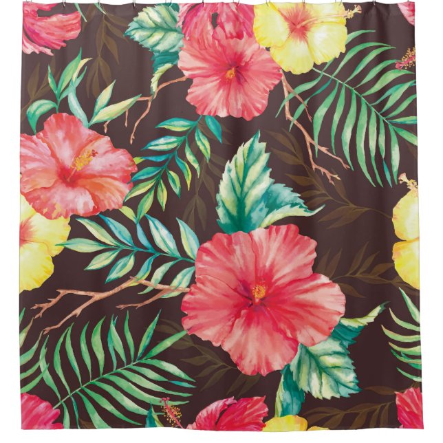 Colorful Tropical Flowers Dark Background Shower Curtain (Front)