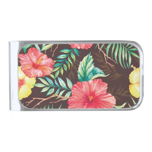 Colorful Tropical Flowers Dark Background Silver Finish Money Clip