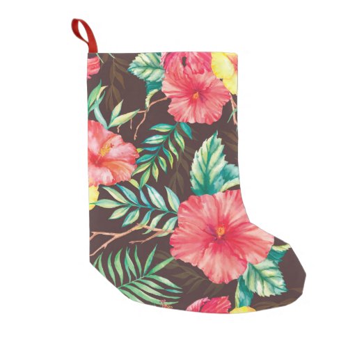 Colorful Tropical Flowers Dark Background Small Christmas Stocking