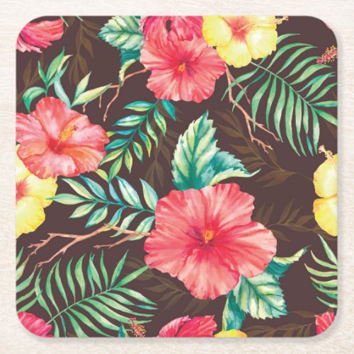 Colorful Tropical Flowers Dark Background Square Paper Coaster