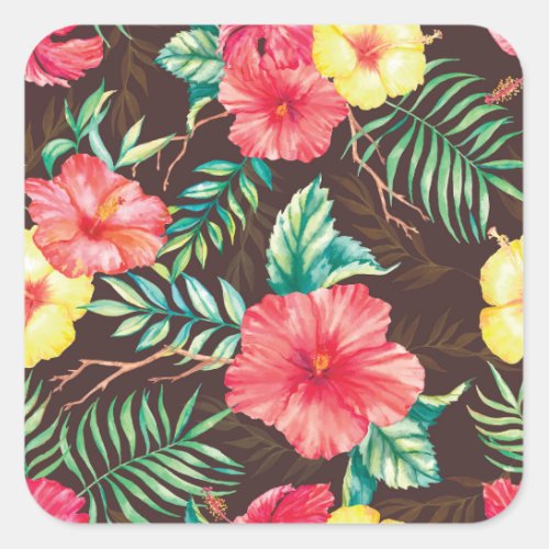 Colorful Tropical Flowers Dark Background Square Sticker