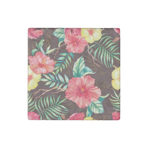 Colorful Tropical Flowers Dark Background Stone Magnet