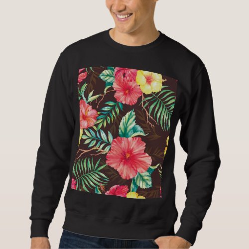 Colorful Tropical Flowers Dark Background Sweatshirt