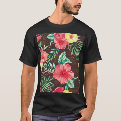 Colorful Tropical Flowers Dark Background T_Shirt