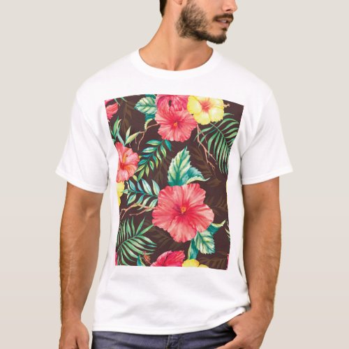 Colorful Tropical Flowers Dark Background T_Shirt