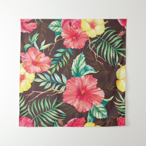 Colorful Tropical Flowers Dark Background Tapestry