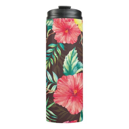 Colorful Tropical Flowers Dark Background Thermal Tumbler