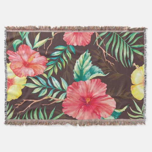 Colorful Tropical Flowers Dark Background Throw Blanket