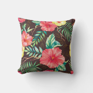 Colorful Tropical Flowers Dark Background Throw Pillow